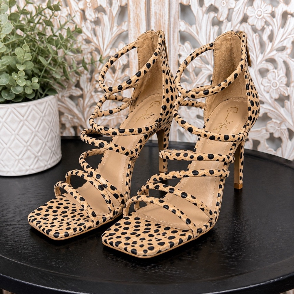 Comfort Leopard Print Strappy Stiletto Cage Heels Tan Black Size 10M 44872389